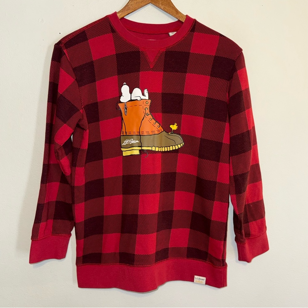 L.L. Bean  Peanuts Snoopy Red Plaid Crewneck Sweatshirt Size Medium Kids